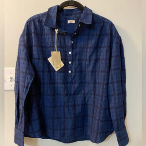 NWT Faherty “Ollie” top in indigo windowpane (black/blue) organic cotton small